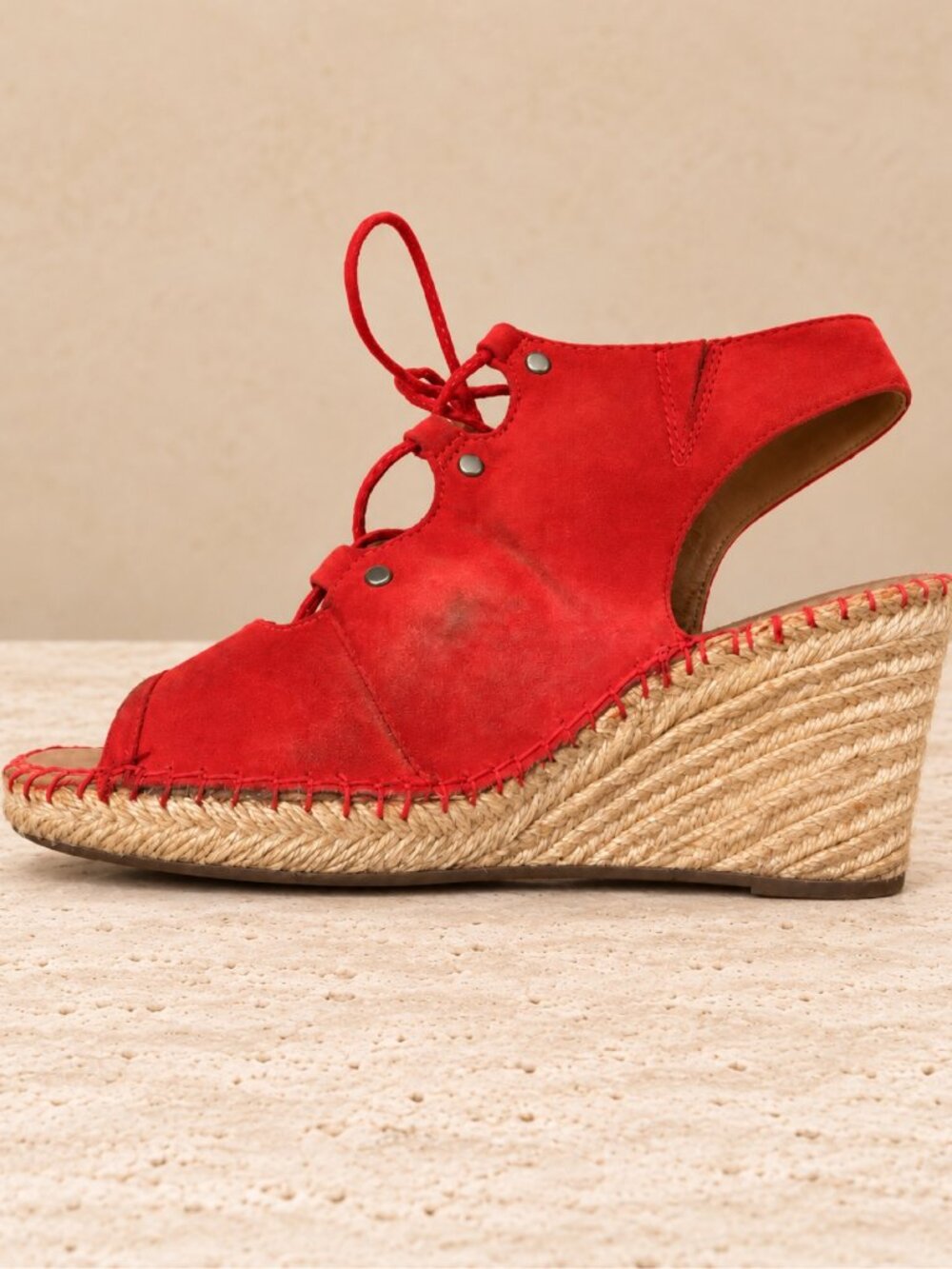 Nataly Red Lace Up Espadrille Wedge Sandals Peep Toe Size 9